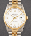 Datejust 36mm in Steel with Yellow Gold Fluted Bezel on Jubilee Bracelet with White Diamond Dial