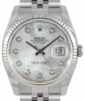 Datejust 36mm with White Gold Fluted Bezel on Jubilee Bracelet with White MOP Diamond Dial