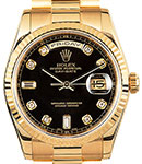 Day-Date President 36mm in Yellow gold with Fluted Bezel on President Bracelet with Black Diamond Dial