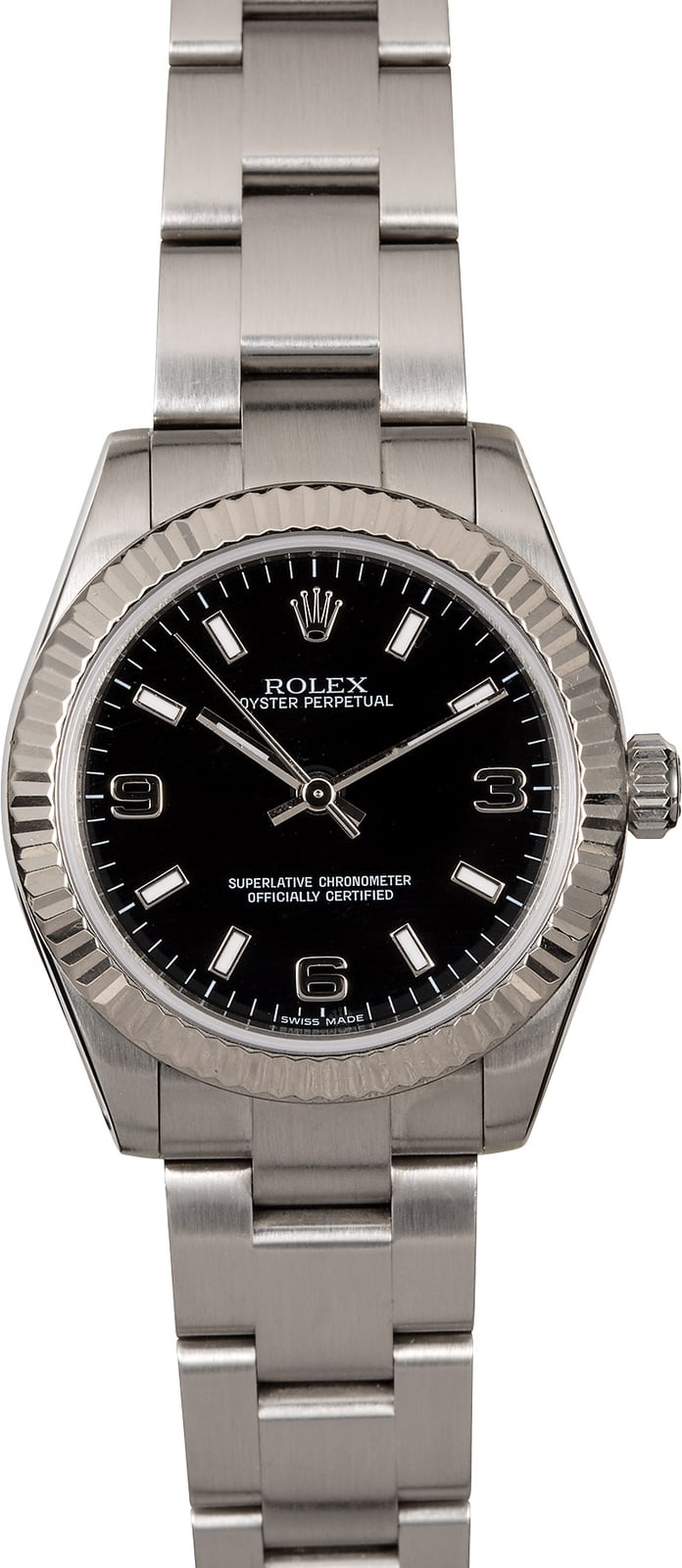 Oyster Perpetual - Steel - Fluted Bezel - 36mm on Oyster Bracelet - Black Arabic and Stick Dial