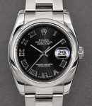 Datejust 36mm in Steel with Smooth Bezel on Oyster Bracelet with Black Sunbeam Roman Dial