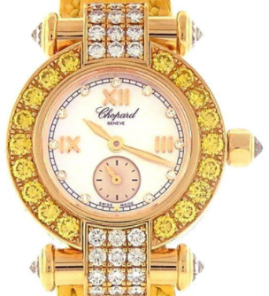 Imperiale Round in Yellow Gold with Diamond Bezel on Yellow Alligator Leather Strap with Mother of Pearl Roman Dial