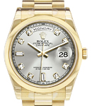 Day Date President 36mm in Yellow Gold with Smooth Bezel  on President Bracelet with Silver Diamond Dial