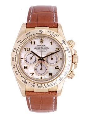Daytona in Yellow Gold with Tachymeter Bezel on Brown Crocodile Leather Strap on White MOP Arabic Dial