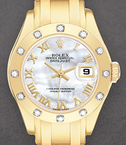 Pearlmaster Datejust with Yellow Gold 12 Diamond Bezel on Pearlmaster Bracelet with White MOP Roman Dial