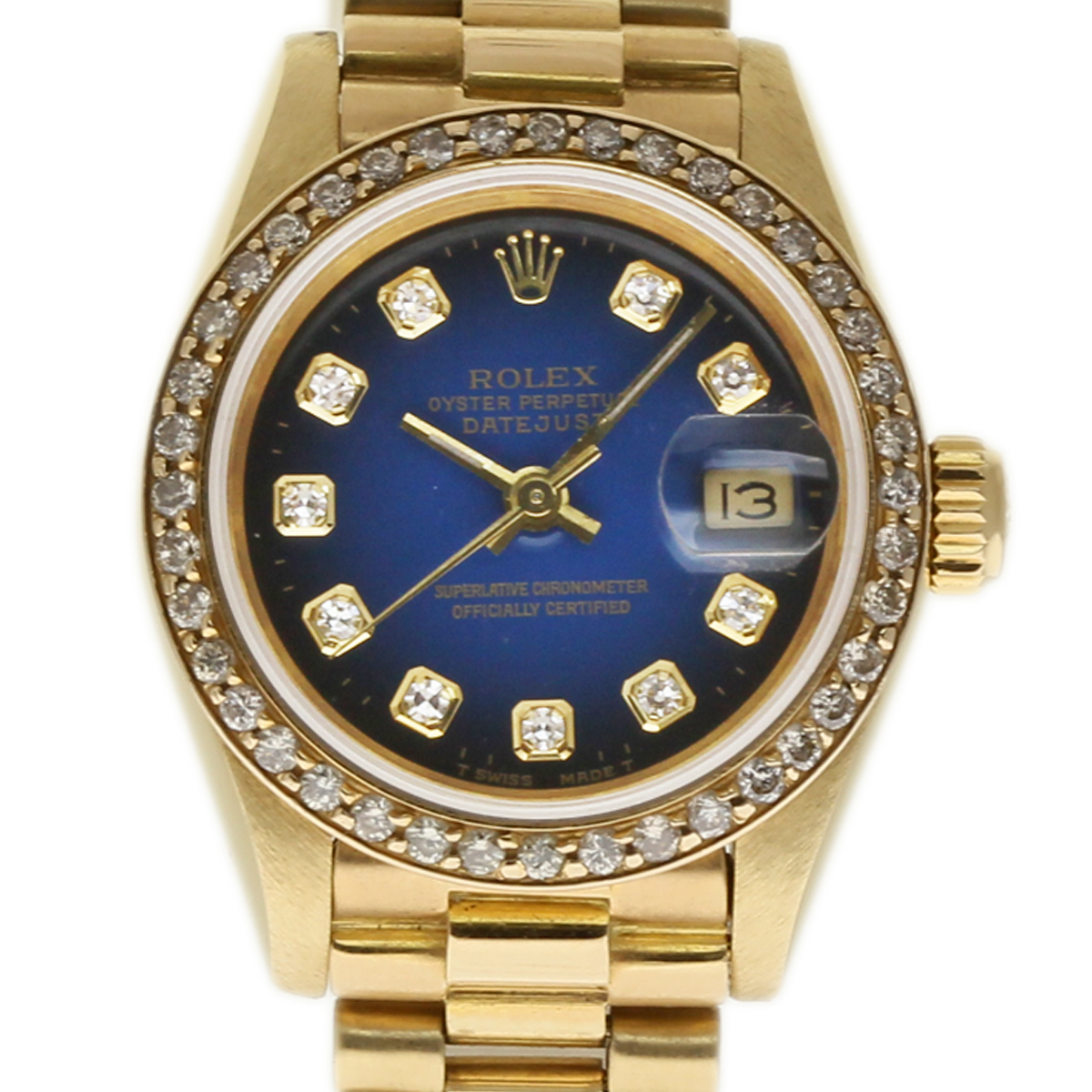 Ladies President in Yellow Gold with Diamond Bezel on Yellow Gold President Bracelet with Blue Diamond Dial
