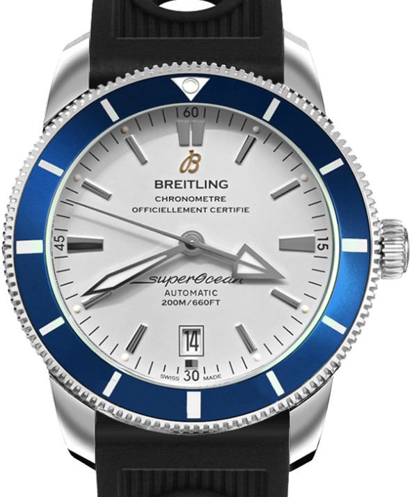 Superocean Heritage II 46mm in Steel with Blue Ceramic Bezel on Black Ocean Racer Rubber Strap with Silver Dial