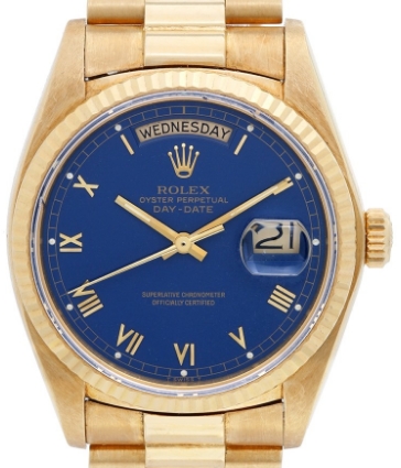 President - Day-Date - 36mm - Yellow Gold with Fluted Bezel on Yellow Gold President Bracelet with Blue Roman Dial
