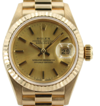 Datejust Ladies President in Yellow Gold with Fluted Bezel on Yellow Gold President Bracelet with Champagne Black Stick Dial