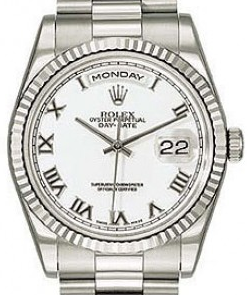 President in White Gold with Fluted Bezel on White Gold President Bracelet with White Roman Dial