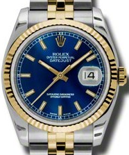 Datejust in Steel and Yellow Gold with Fluted Bezel on Steel and Yellow Gold Jubilee Bracelet with Blue Stick Dial