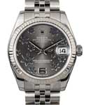 Datejust Mid Size 31mm in Steel with White Gold Fluted Bezel on Jubilee Bracelet with Dark Rhodium Floral Dial