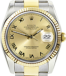 Datejust 36mm in Steel with Yellow Gold Fluted Bezel on Oyster Bracelet with Champagne Roman Dial