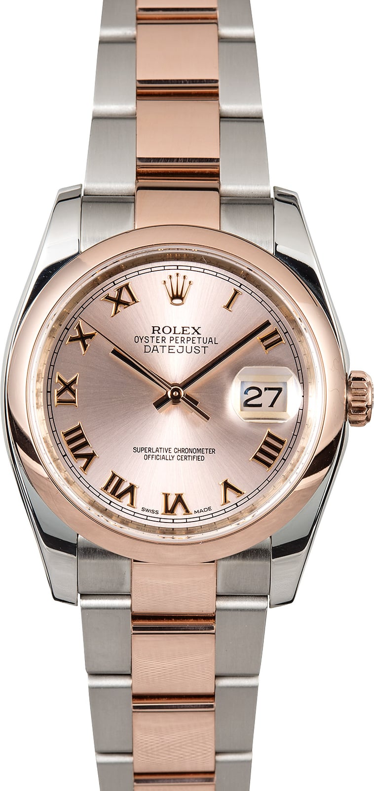 Datejust 36mm in Steel with Rose Gold Smooth Bezel on Oyster Bracelet with Pink Roman Dial