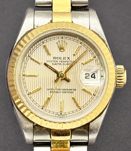 Datejust 26mm Ladies in Steel with Yellow Gold Fluted Bezel on Oyster Bracelet with Silver Tapestry Stick Dial