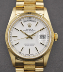 Day Date President 36mm in Yellow Gold Engine Turn Bezel on Bark President Bracelet with White Stick Dial