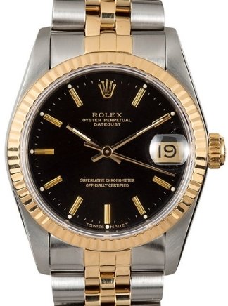 2-Tone Mid Size Datejust 31mm in Steel with Yellow Gold Fluted Bezel   on Jubilee Bracelet with Black Stick Dial