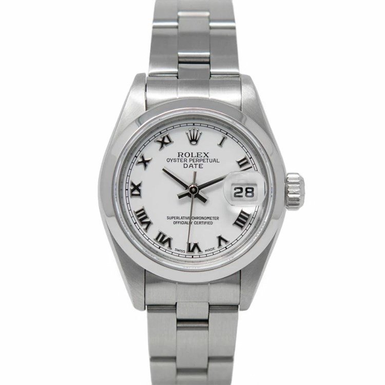Date Ladys 26mm - Smooth Bezel on Oyster Bracelet with White Roman Dial