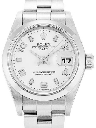 Ladies Date in Steel with Smooth Bezel  on Oyster Bracelet with White Arabic and Stick Dial