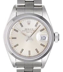 Date Ladys in Steel with Smooth Bezel on Steel Oyster Bracelet with Silver Stick Dial