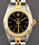 Oyster Perpetual Ladies in Steel with Yellow Gold Fluted Bezel on Jubilee Bracelet with Black Stick Dial