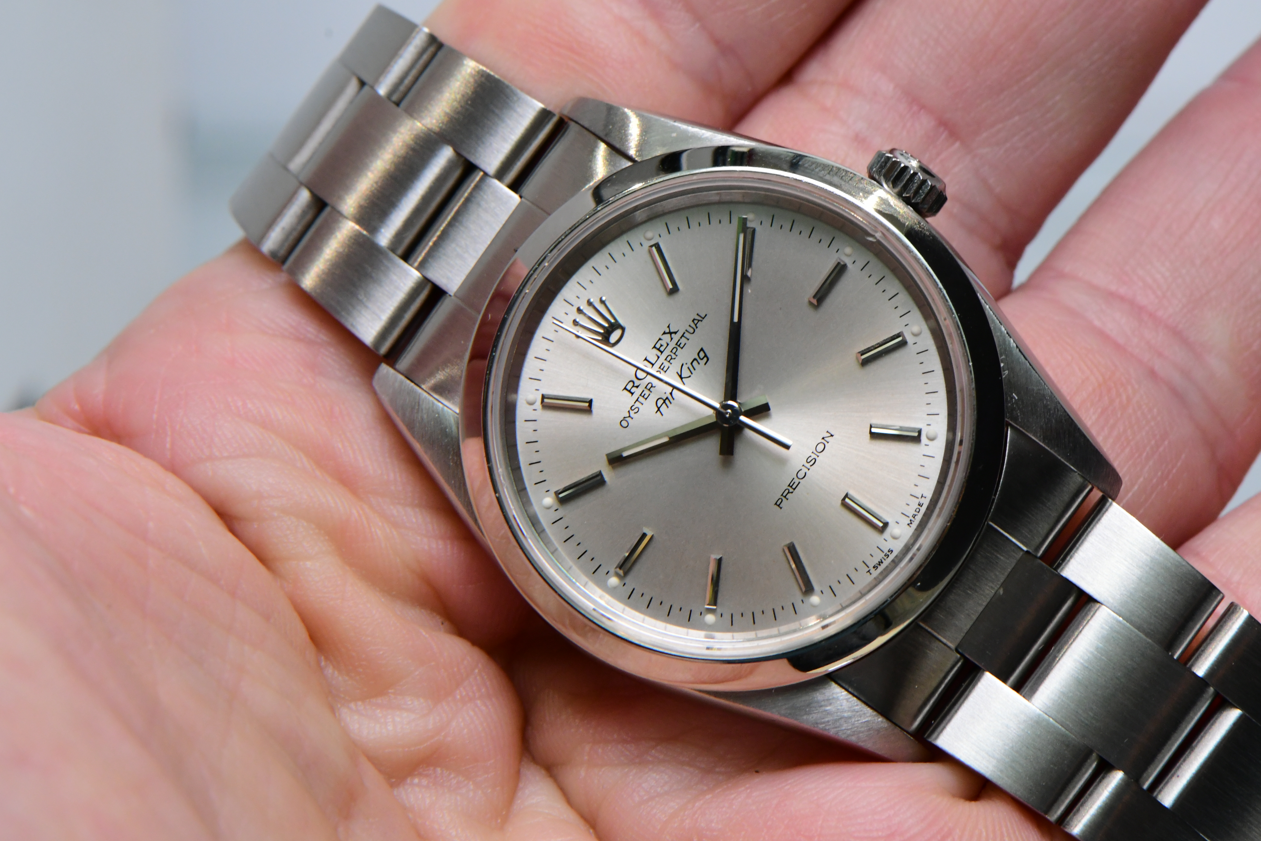 Pre-Owned Rolex Air King 34mm in Steel with Smooth Bezel on Oyster Bracelet with Silver Stick Dial