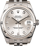 Datejust Mid Size 31mm in Steel with White Gold Fluted Bezel on Bracelet with Silver Diamond Dial