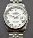 Datejust  36mm in Steel with WG Fluted Bezel on Bracelet White Roman Dial