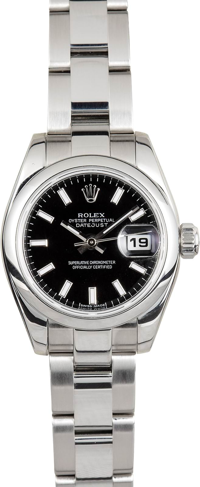 Datejust Lady's in Steel with Smooth Bezel On Steel Oyster Bracelet with Black Stick Dial