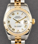 Datejust Ladies 26mm in Steel with Yellow Gold Fluted Bezel on Jubilee Bracelet with White MOP Roman Dial