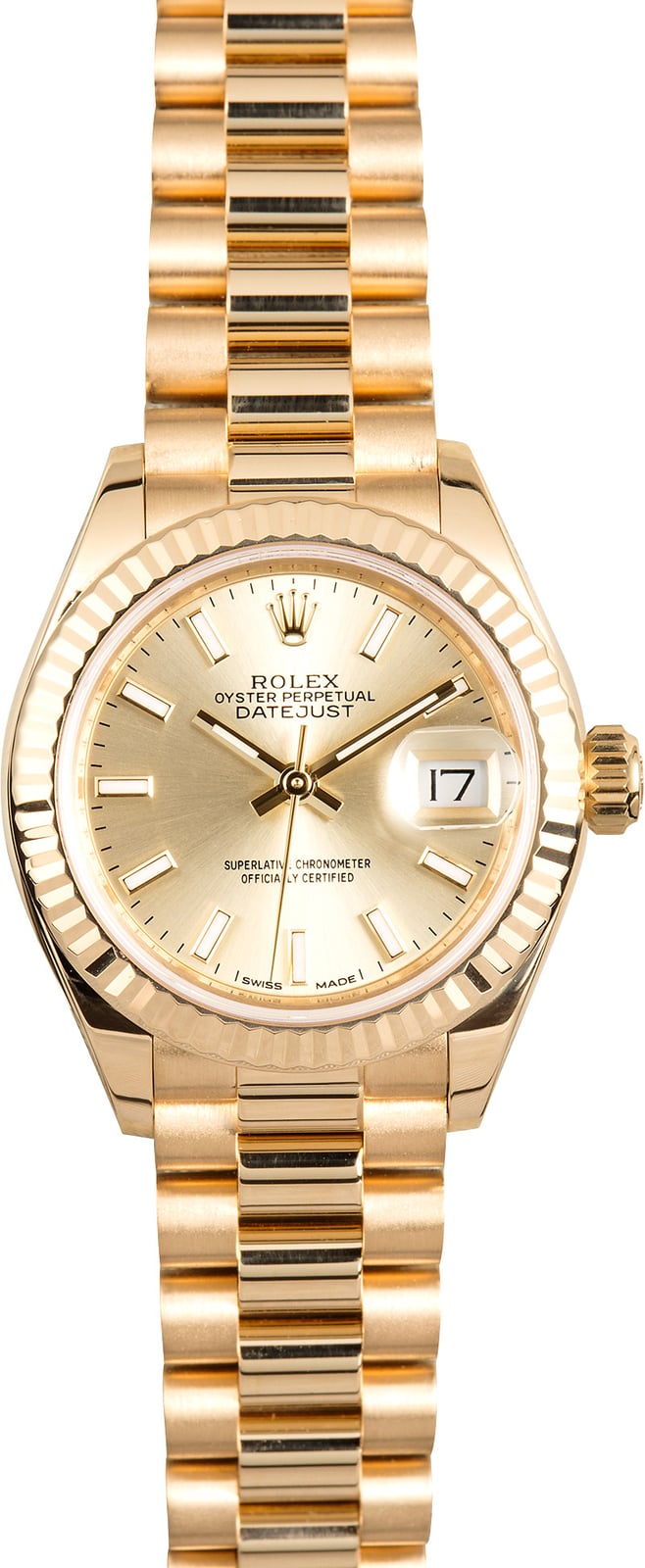 Ladies President in Yellow Gold with Fluted Bezel on Yellow Gold President Bracelet with Champagne Luminous Stick Dial