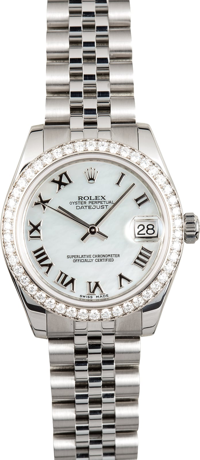 Datejust 31mm in Steel with White Gold Diamond Bezel on Steel Jubilee Bracelet with White MOP Roman Dial