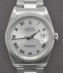 Datejust 36mm in Steel with Engine Bezel on Oyster Bracelet with Silver Roman Dial