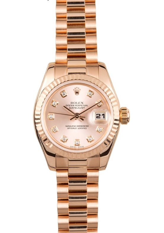 Ladies President in Rose Gold with Fluted Bezel on Bracelet with Pink Diamond Dial