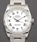 Air King 34mm in Steel with White Gold Fluted Bezel on Oyster Bracelet with White Roman and Diamond Dial