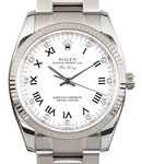 Air King 34mm in Steel with White Gold Fluted Bezel on Oyster Bracelet with White Roman and Diamond Dial