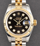 Datejust Lady's in Steel with Yellow Gold Fluted Bezel on Bracelet with Black Diamond Dial