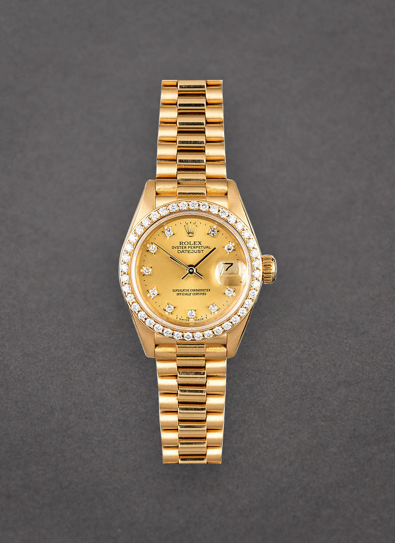 Pre-Owned Rolex Ladies 26mm President in Yellow Gold with Aftermarket Diamond Bezel