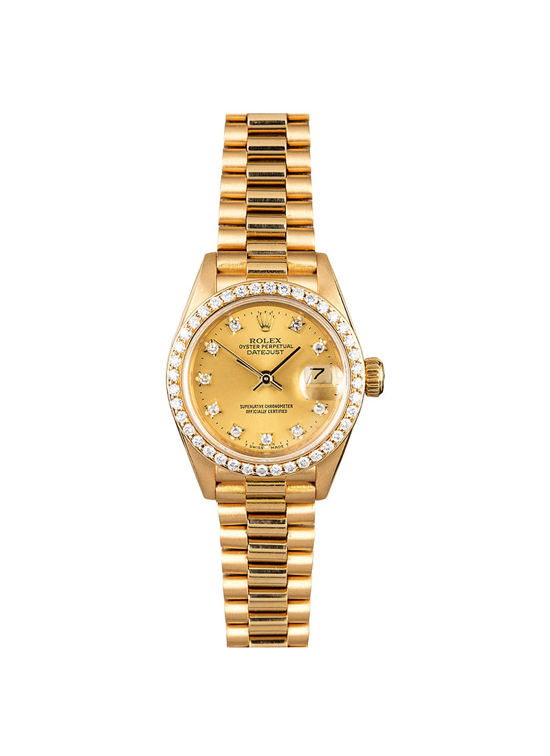 Pre-Owned Rolex Ladies 26mm President in Yellow Gold with Aftermarket Diamond Bezel