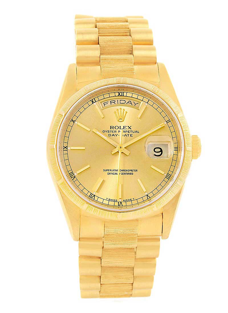Pre-Owned Rolex Day Date President 36mm in Yellow Gold with Engine Turn Bezel