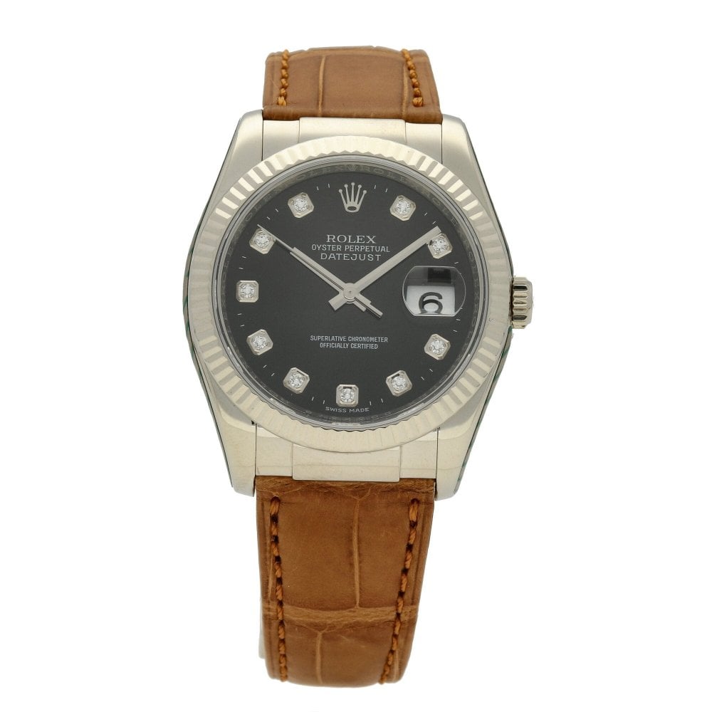 Datejust 36mm in White Gold with Fluted Bezel on Strap with Black Diamond Dial