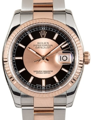 2-Tone Datejust 36mm with Rose Gold Fluted Bezel on Oyster Bracelet with Black and Rose Gold Stick Dial