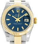 Datejust 26mm in Steel with Yellow Gold Fluted Bezel on Oyster Bracelet with Blue Luminous Stick Dial