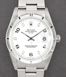 Date 34mm in Steel with Finely Engine-turned Bezel on Oyster Bracelet with White Arabic Dial