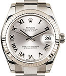 Mid Size Datejust in Steel with White Gold Fluted Bezel on Oyster Bracelet with Silver Roman Dial