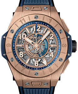 Big Bang Unico GMT 45mm Automatic in Rose Gold On Blue Rubber Strap with Skeleton Dial