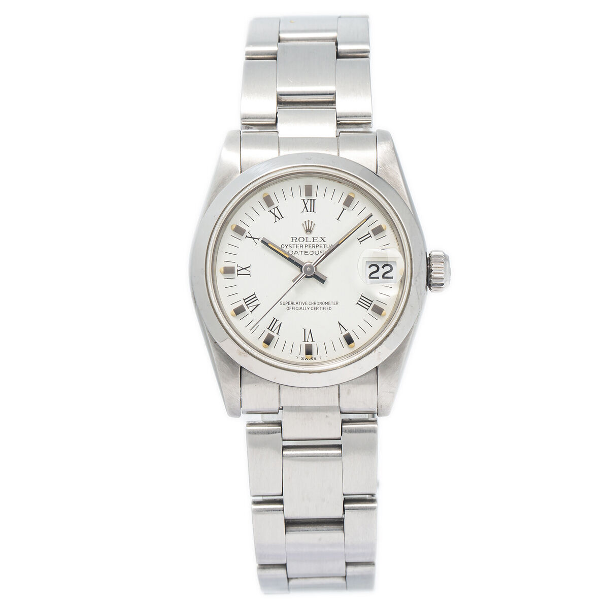 Datejust in Steel with White Gold Smooth Bezel on Steel Oyster Bracelet with White Roman Dial