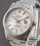 Men's Datejust 36mm in Steel with White Gold Engine Turned Bezel on Oyster Bracelet with Silver Tapestry Stick Dial