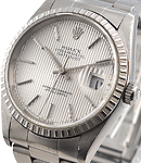 Men's Datejust 36mm in Steel with White Gold Engine Turned Bezel on Oyster Bracelet with Silver Tapestry Stick Dial