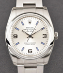 New Style Air King 34mm in Steel with Smooth Bezel on Oyster Bracelet with Silver Arabic and Blue Sticks Dial